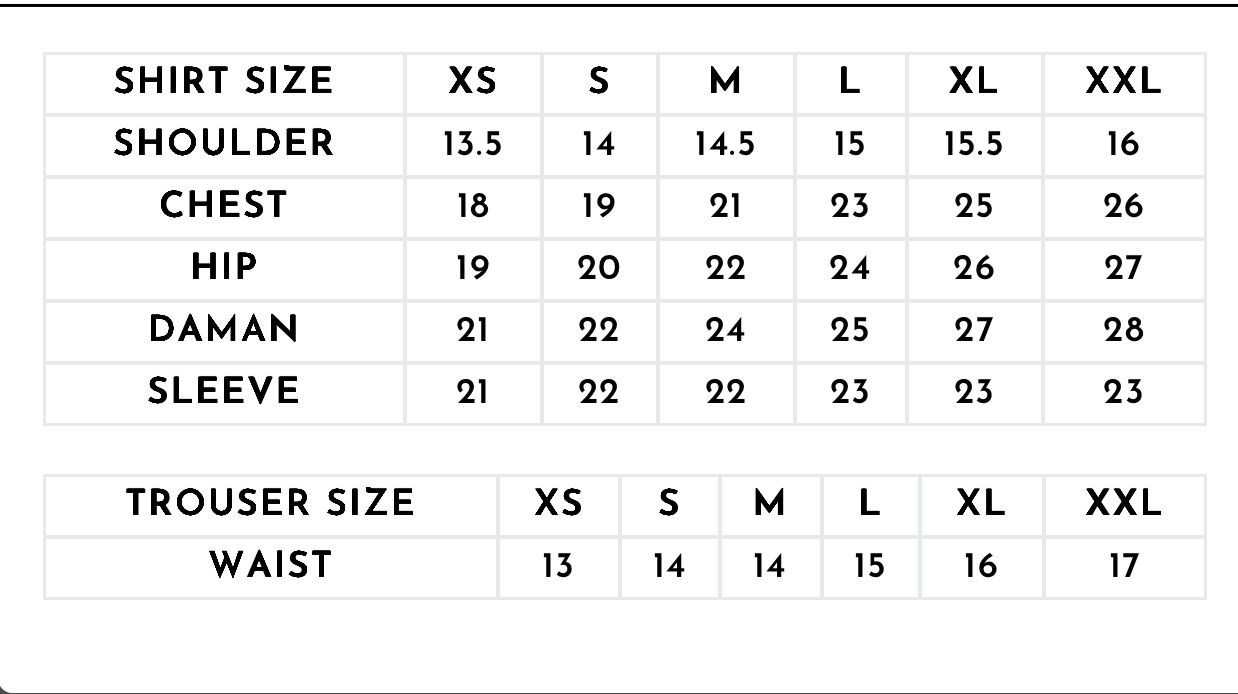Size chart for Ember